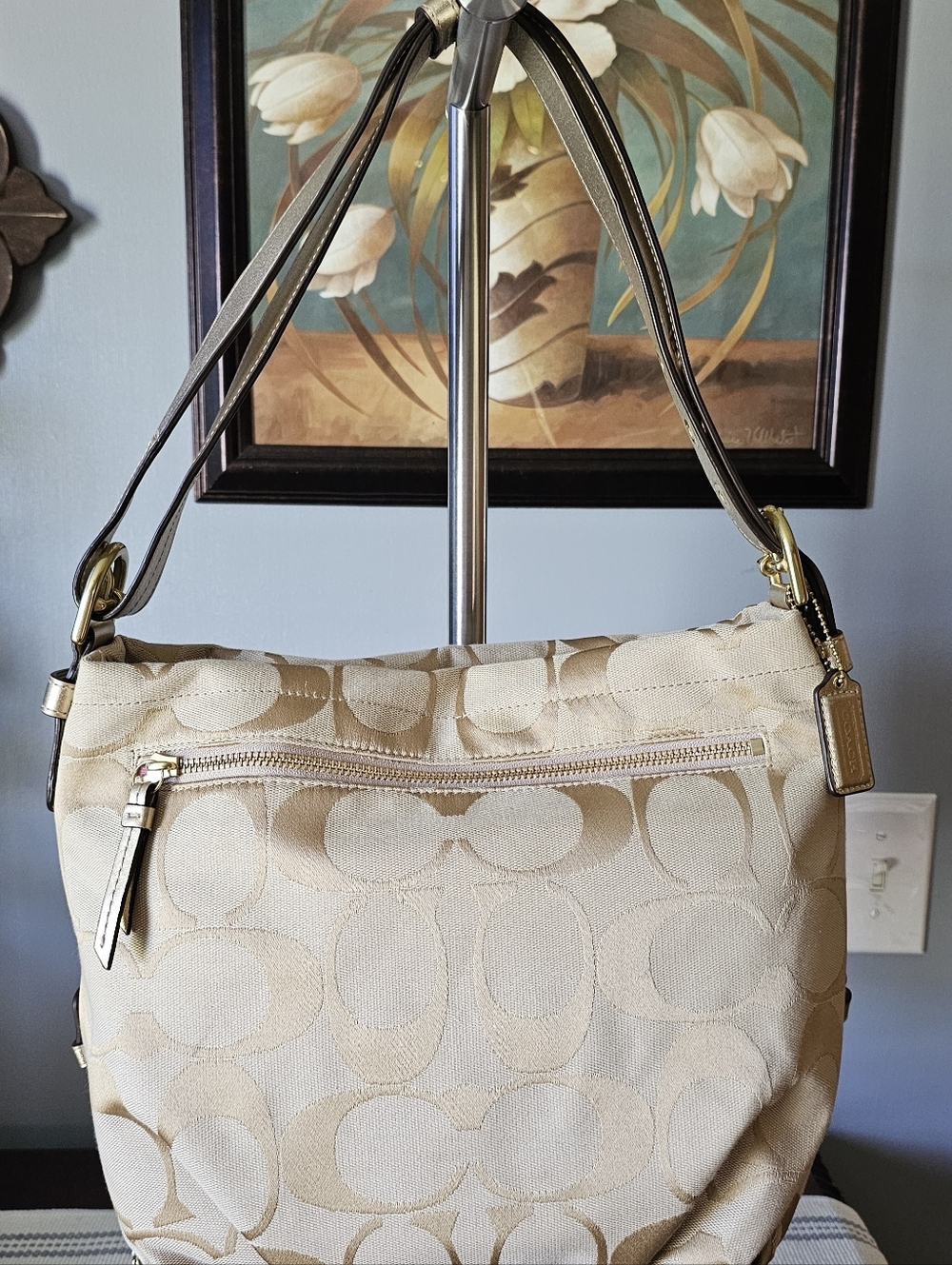Coach Beige Signature Canvas Shoulder Bag with Gold-Tone Hardware